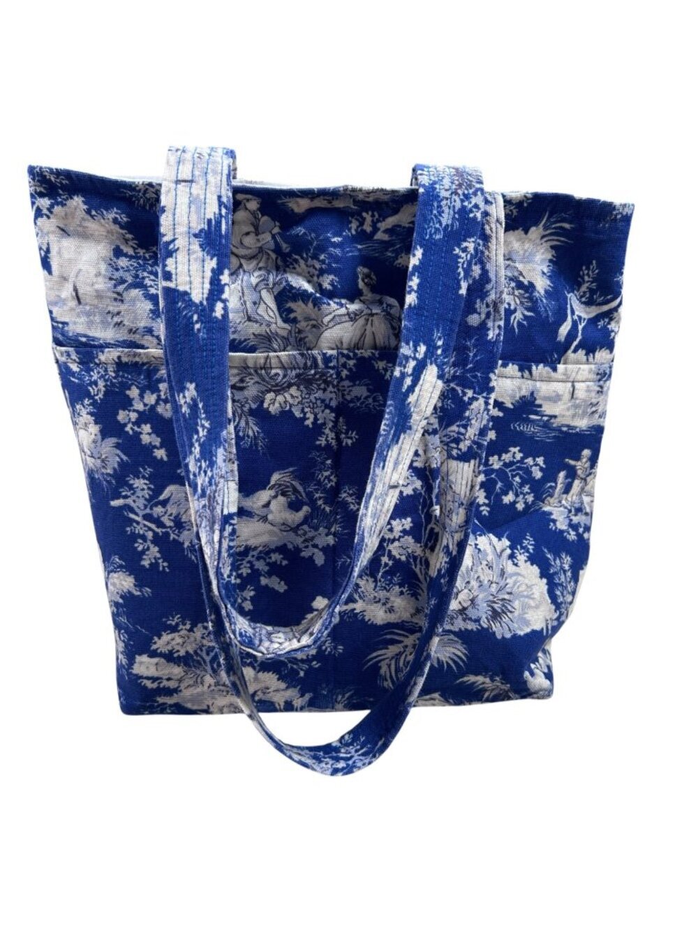 Handmade Blue Toile French Quilted Tote Bag Butterfly Pockets Travel